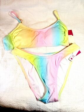 Xhilaration Pastel Rainbow Ribbed Bikini - Yellow, Pink, Blue NEW